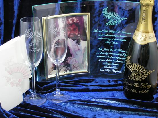 Wedding Gift etched champagne bottle and matching glasses