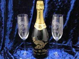Etched Champagne Bottle and matching glasses